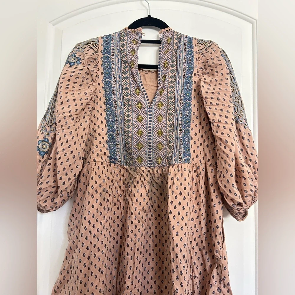 Anthropologie Tunic Embroidered Mauve Mini Dress Size S Boho Western Festival